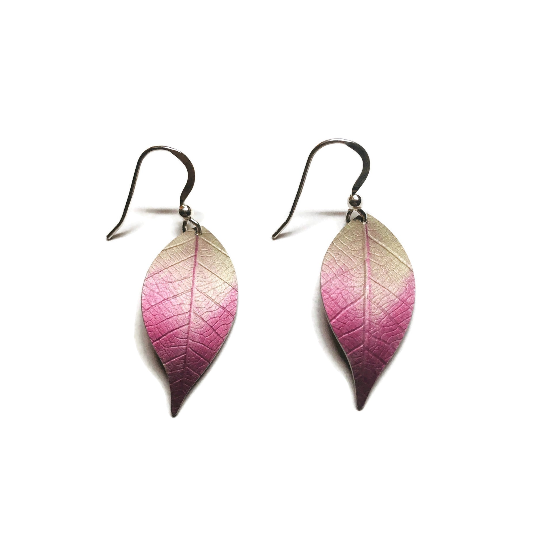Pink Cherry leaf earrings by Photofinish Jewellery