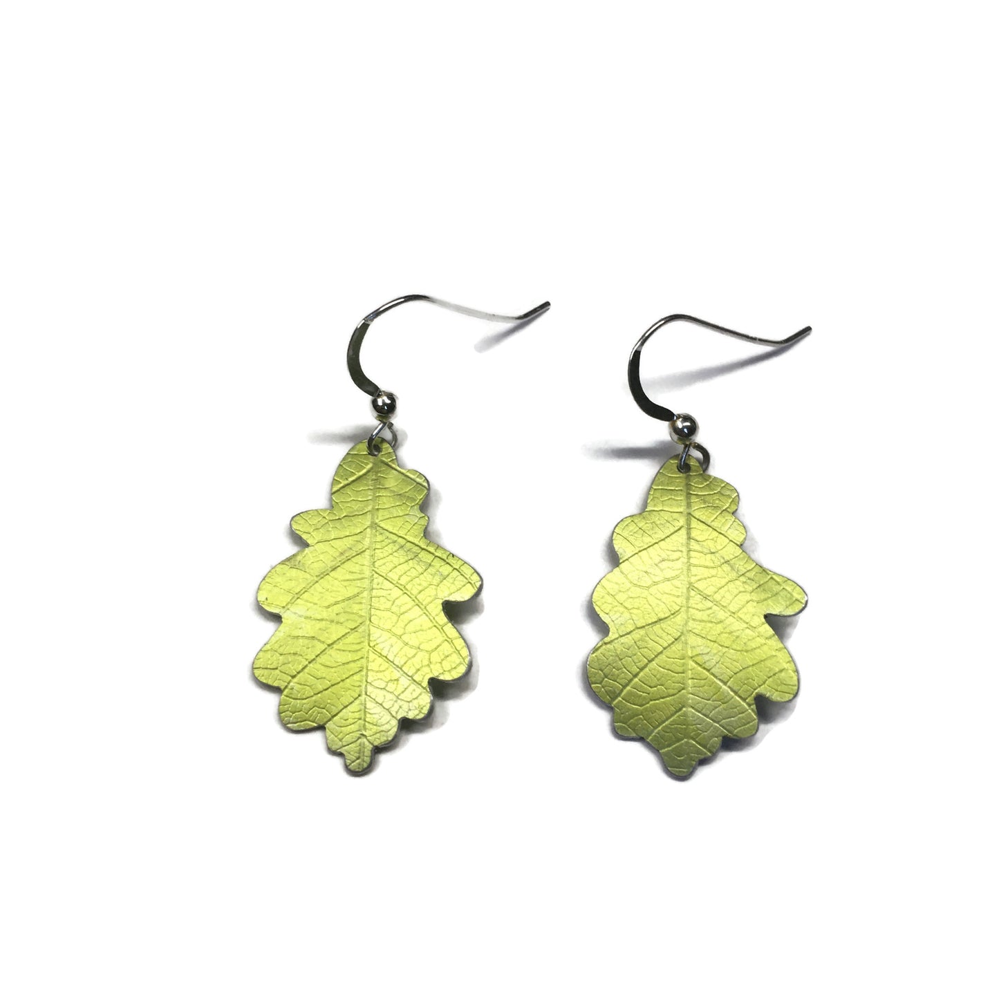 Spring green Oak leaf earrings by Photofinish Jewellery
